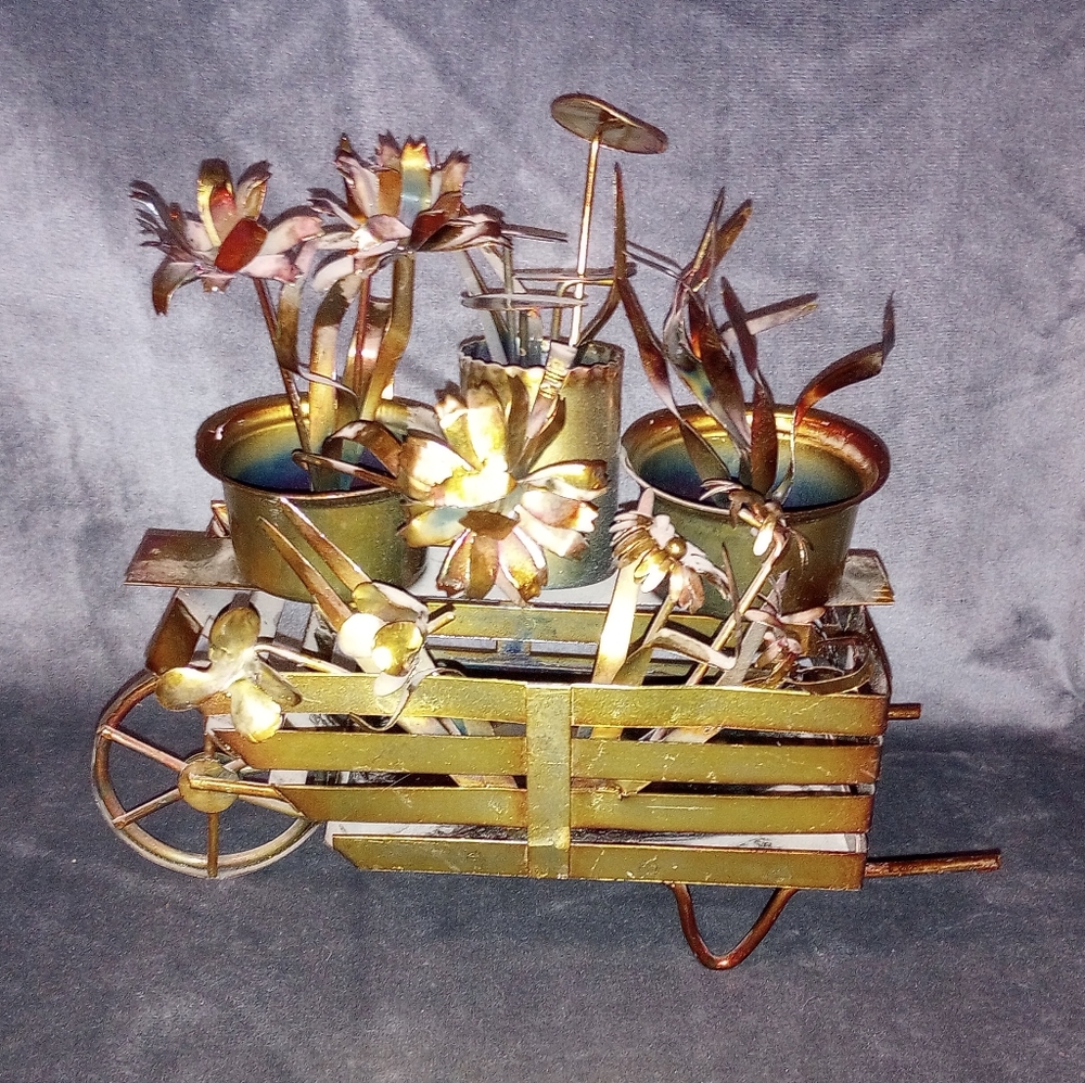 Vintage Apex Copper Metal Art 3D Flowers Floral Wagon Gardening Sculpture MCM